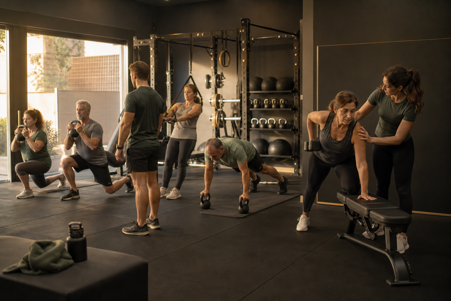 Escena conceptual con entrenamiento individual y semipersonalizado en una misma sala
